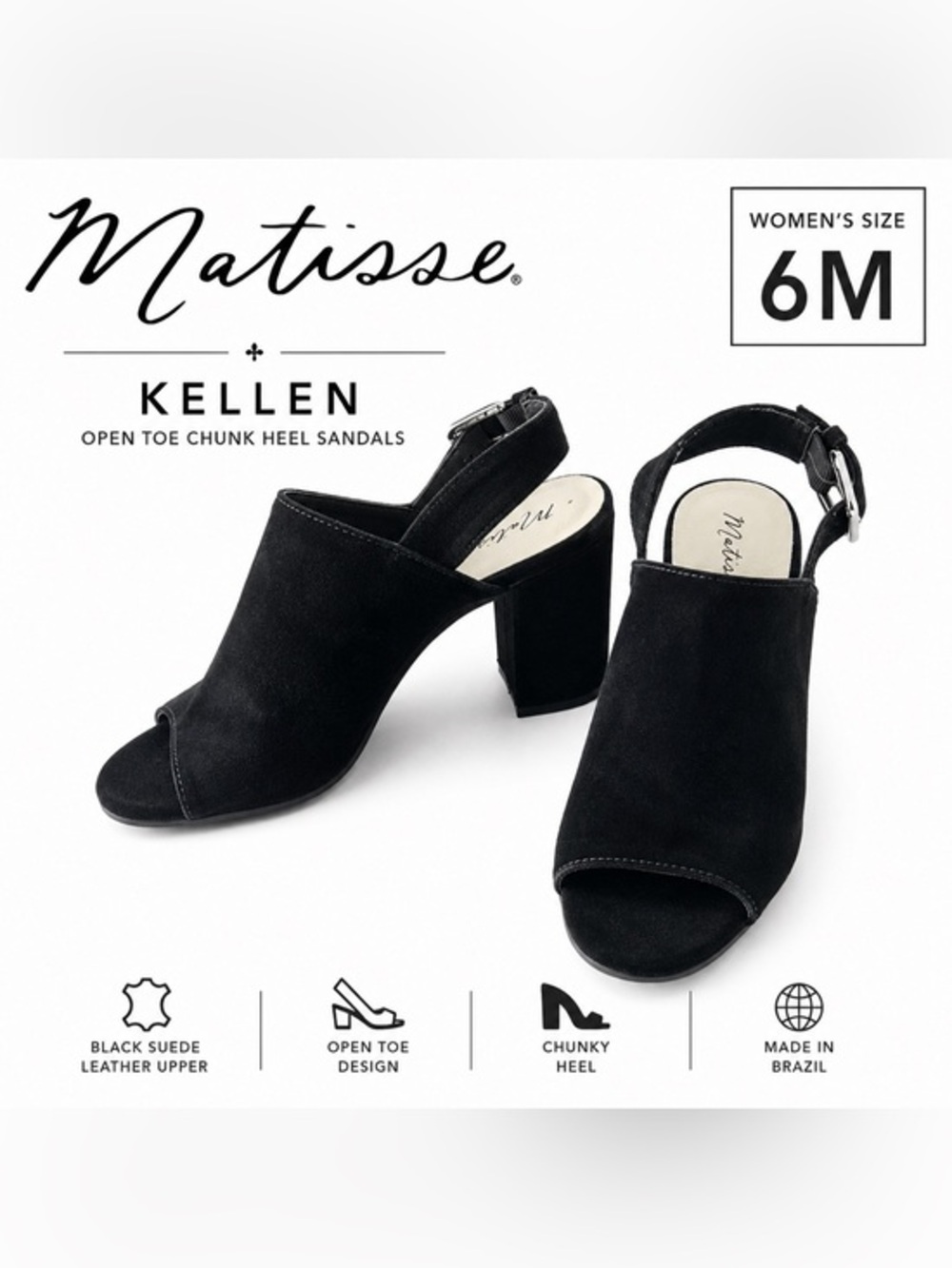 Matisse Kellen Black Suede Open Toe Chunk Heel Sandals | Women’s Size 6M